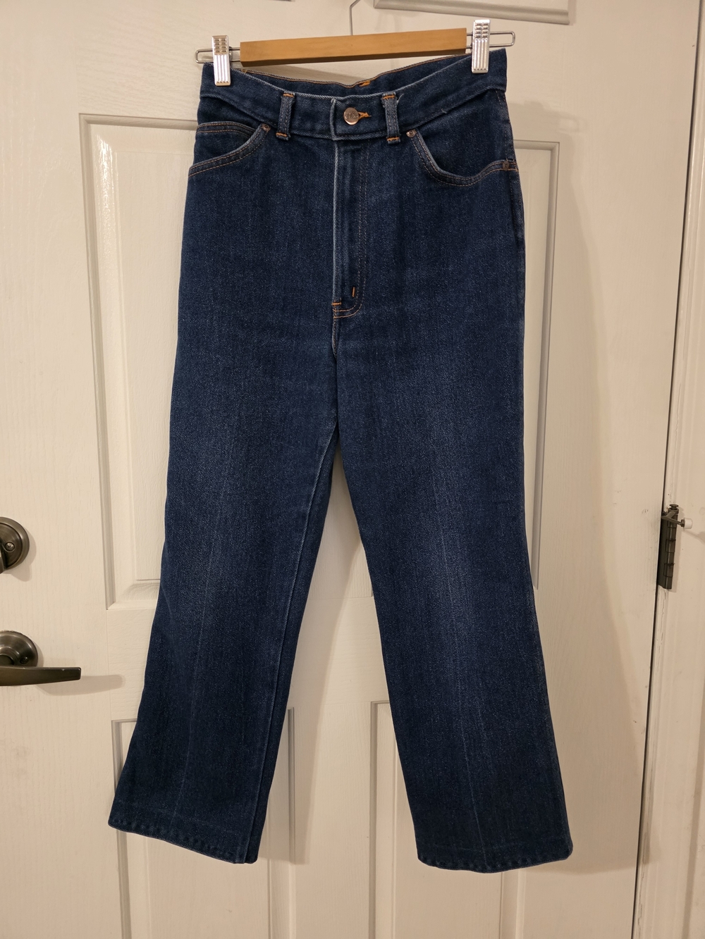 Chic Dark Blue Denim Jeans with Orange Stitching